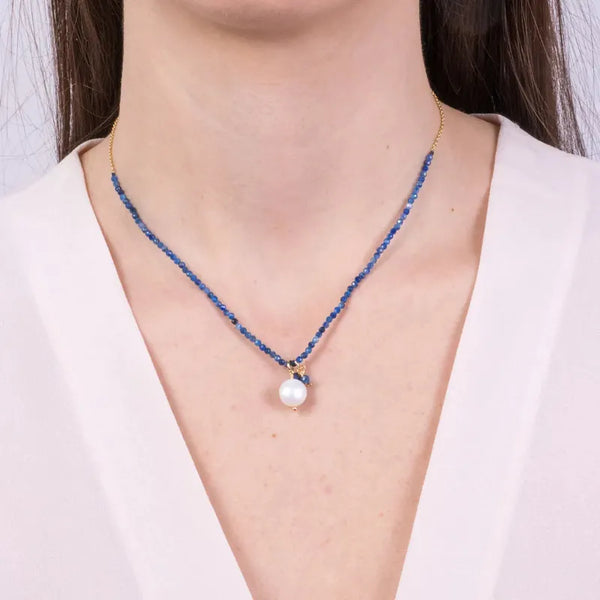 Collana in Metallo con pietre blu e perla centrale — collezione Sospiri